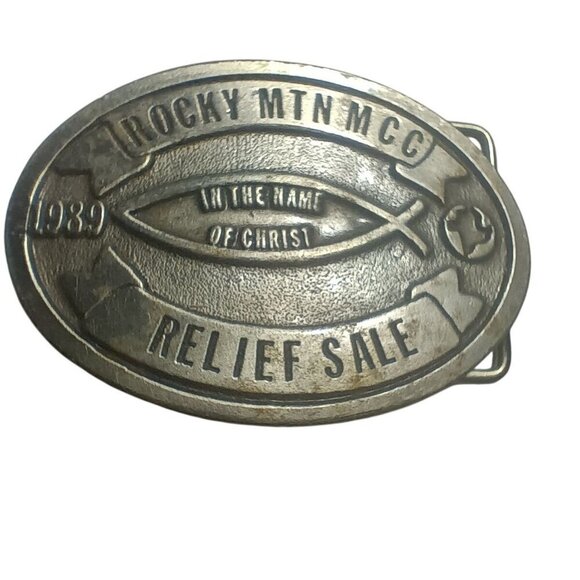Vintage 1980s Belt Buckle Adezy Rocky Mountain MCC RELIEF SALE 1989 Mennonite - Picture 1 of 5